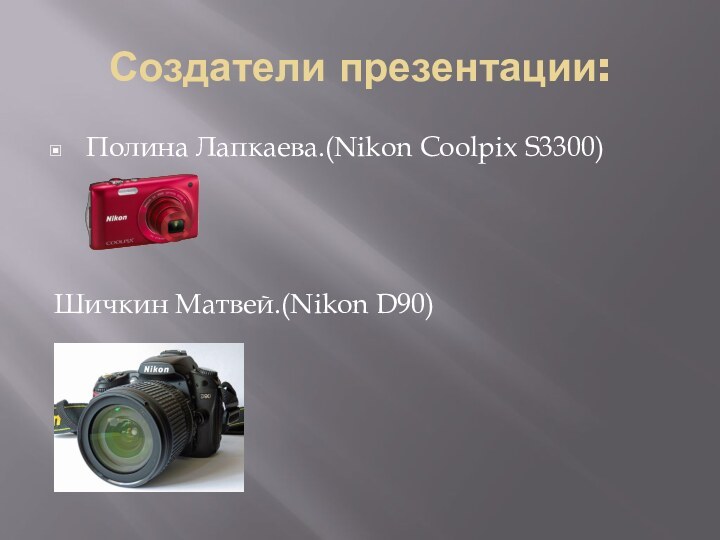 Создатели презентации:Полина Лапкаева.(Nikon Coolpix S3300)Шичкин Матвей.(Nikon D90)