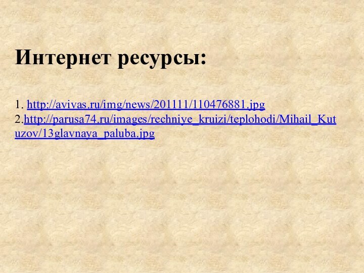 Интернет ресурсы:   1. http://avivas.ru/img/news/201111/110476881.jpg 2.http://parusa74.ru/images/rechniye_kruizi/teplohodi/Mihail_Kutuzov/13glavnaya_paluba.jpg