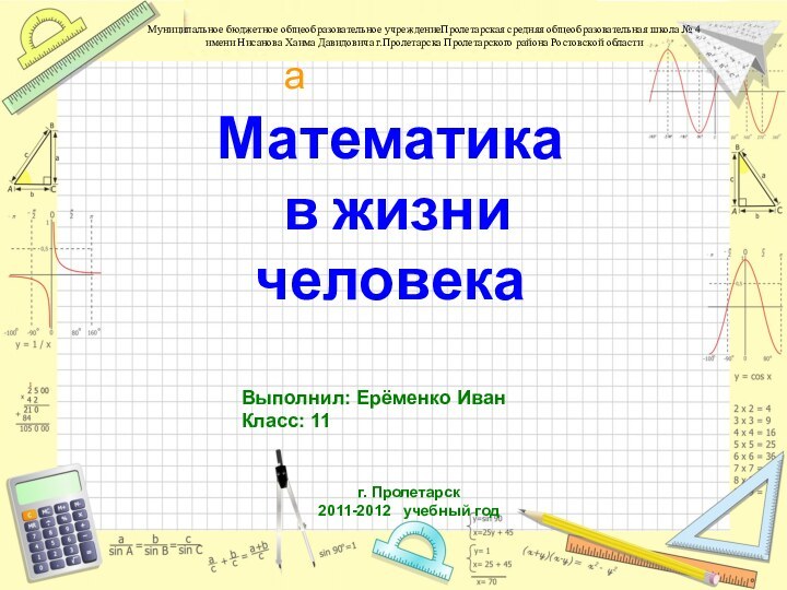 Математика  в жизни  человекаМуниципальное бюджетное общеобразовательное учреждениеПролетарская средняя общеобразовательная школа