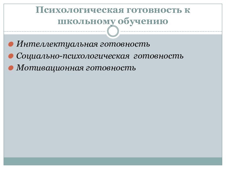 Психологическая готовность к школьному обучению Интеллектуальная готовность Социально-психологическая готовность Мотивационная готовность