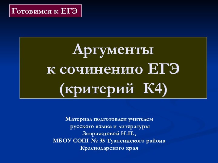 Аргументы  к сочинению ЕГЭ (критерий К4)Материал подготовлен учителем русского языка и