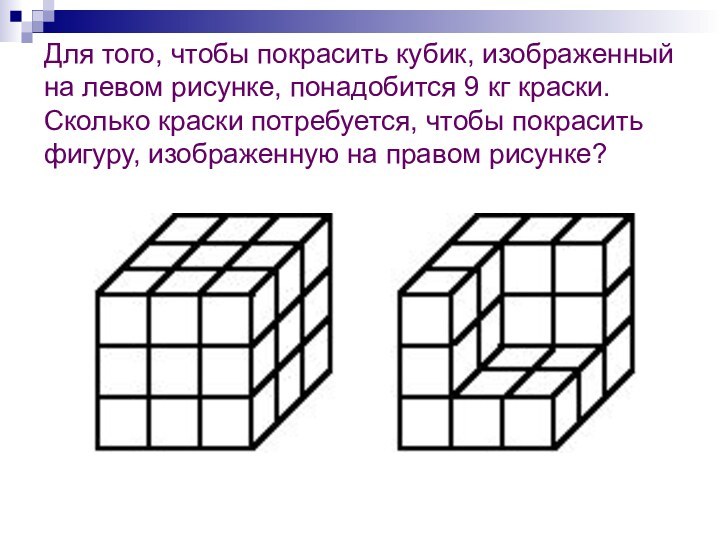 Для того, чтобы покрасить кубик, изображенный на левом рисунке, понадобится 9 кг