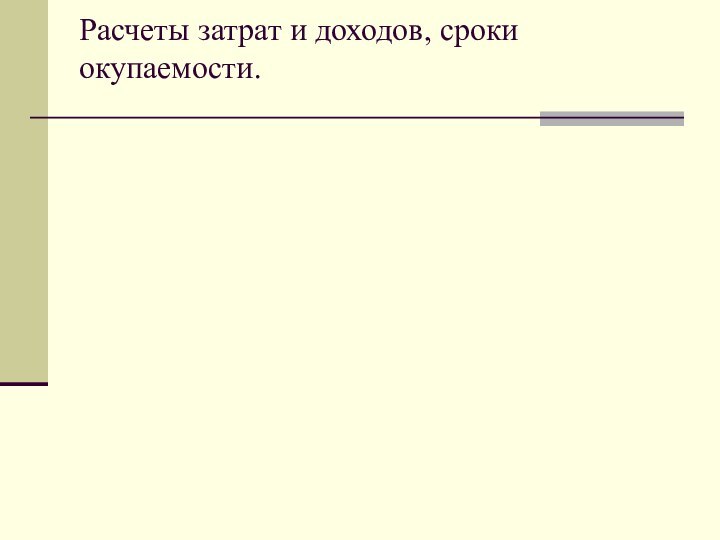 Расчеты затрат и доходов, сроки окупаемости.