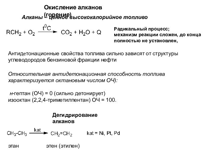 Окисление алканов (горение)Радикальный процесс;механизм реакции сложен, до конца полностью не установлен, Алканы