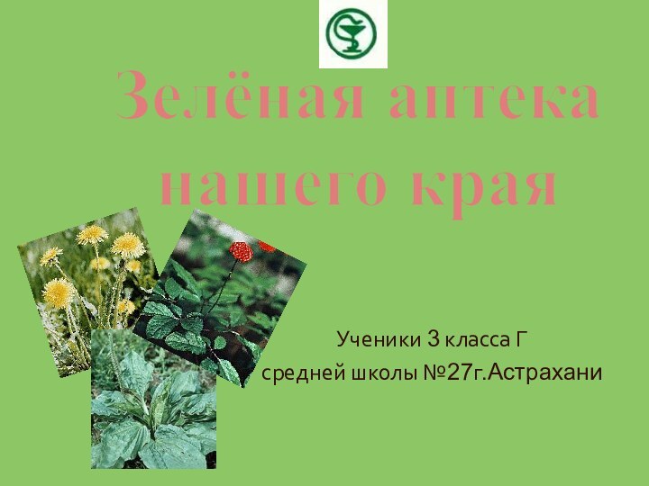 Зелёная аптеканашего краяУченики 3 класса Гсредней школы №27г.Астрахани