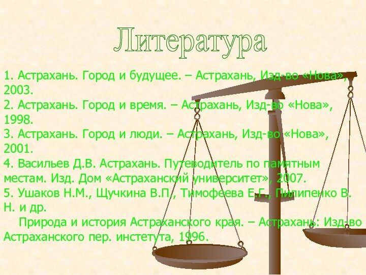 Литература1. Астрахань. Город и будущее. – Астрахань, Изд-во «Нова», 2003.2. Астрахань. Город