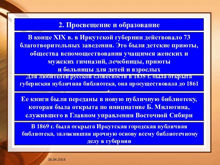 2. Просвещение и образование В конце XIX в. в Иркутской губернии действовало