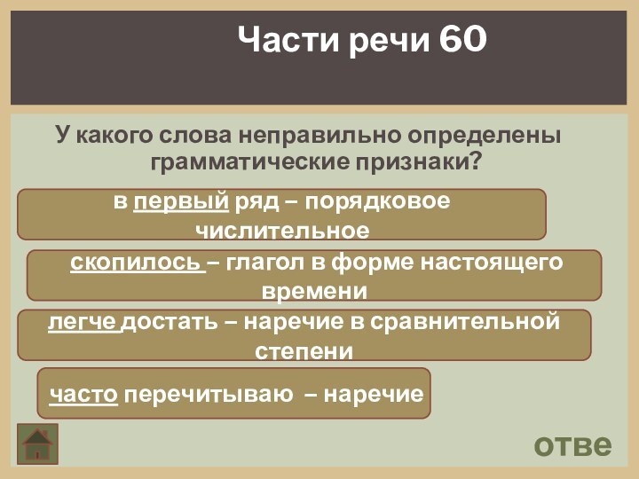 Части речи 60ответУ какого слова неправильно определены грамматические признаки?в первый ряд –