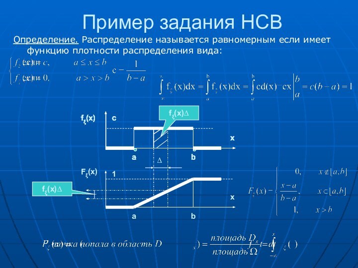 Пример задания НСВОпределение. Распределение называется равномерным если имеет функцию плотности распределения вида: