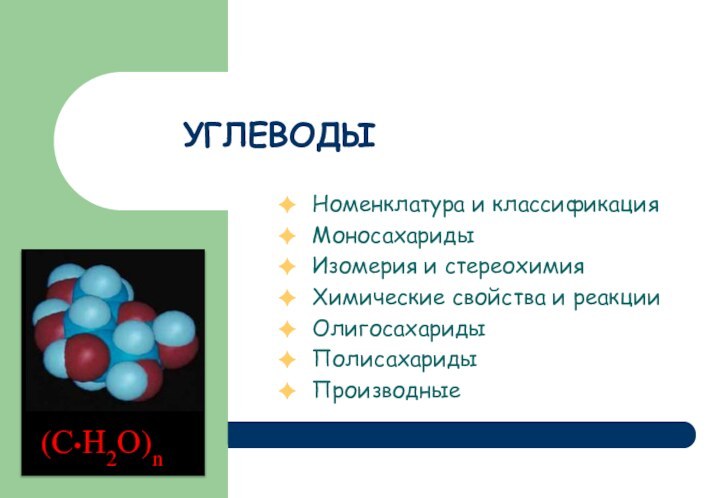 УГЛЕВОДЫНоменклатура и классификация МоносахаридыИзомерия и стереохимияХимические свойства и реакцииОлигосахаридыПолисахариды Производные