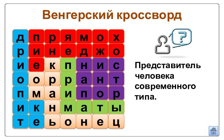 дпряморинеджиекпниоорранпмаипоикнматхострытеьонецВенгерский кроссвордПредставитель человека современного типа.