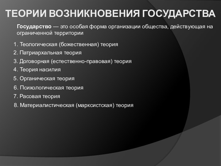 Теории возникновения государстваГосударство — это особая форма организации общества, действующая на ограниченной территории1. Теологическая (божественная)