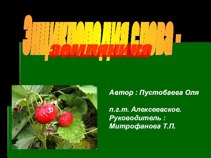 Энциклопедия слова -земляникаАвтор : Пустобаева Оля п.г.т. Алексеевское.Руководитель : Митрофанова Т.П.