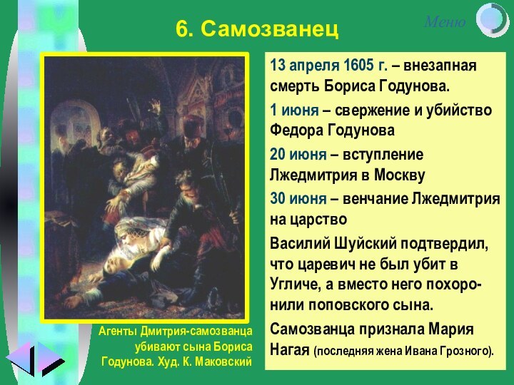 13 апреля 1605 г. – внезапная смерть Бориса Годунова.1 июня – свержение