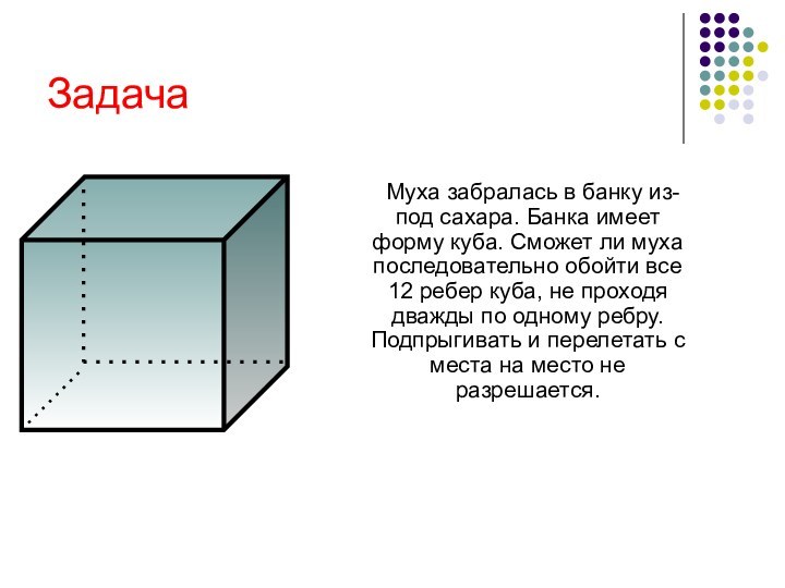 Задача 	Муха забралась в банку из- под сахара. Банка имеет форму куба.