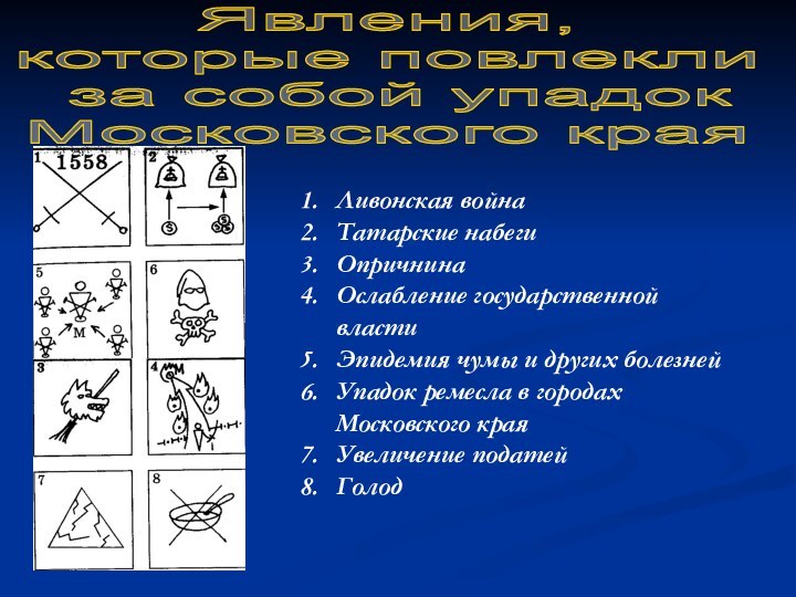 Явления, которые повлекли за собой упадок Московского краяЛивонская войнаТатарские набегиОпричнинаОслабление государственной властиЭпидемия