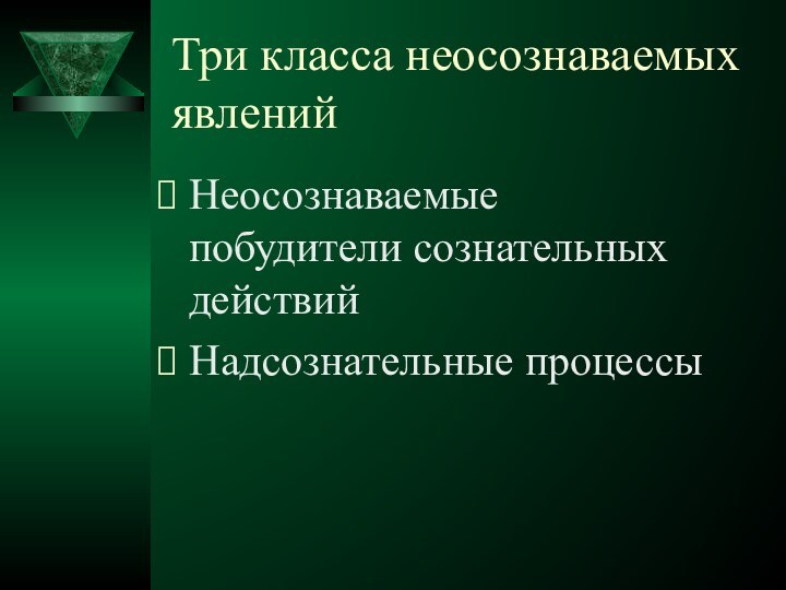 Три класса неосознаваемых явленийНеосознаваемые побудители сознательных действийНадсознательные процессы