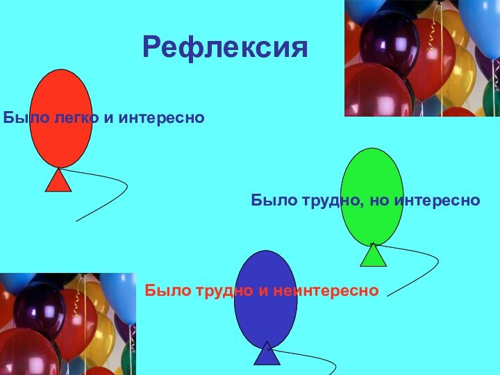 РефлексияБыло легко и интересноБыло трудно, но интересноБыло трудно и неинтересно