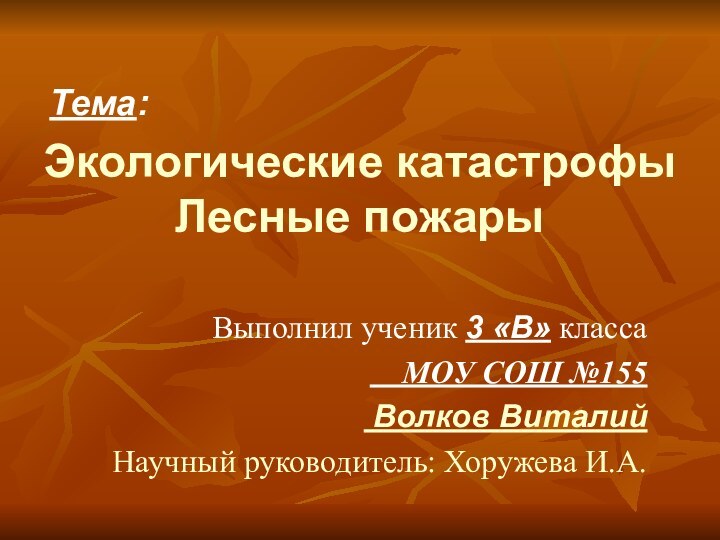 Экологические катастрофы Лесные пожарыВыполнил ученик 3 «В» класса  МОУ СОШ №155