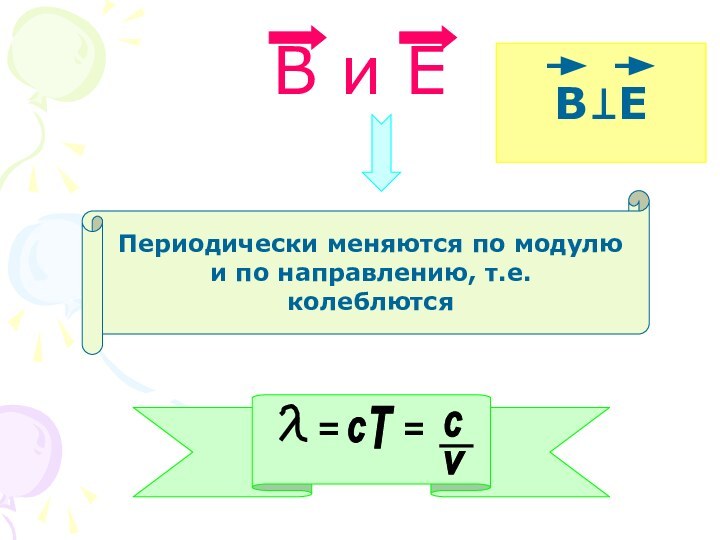 В и ЕПериодически меняются по модулю и по направлению, т.е. колеблются сТ==сvВ Е