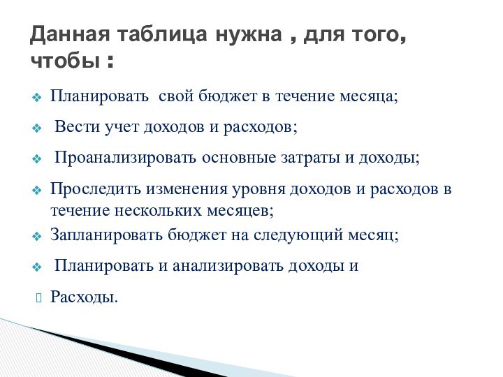 Планировать свой бюджет в течение месяца; Вести учет доходов и расходов; Проанализировать