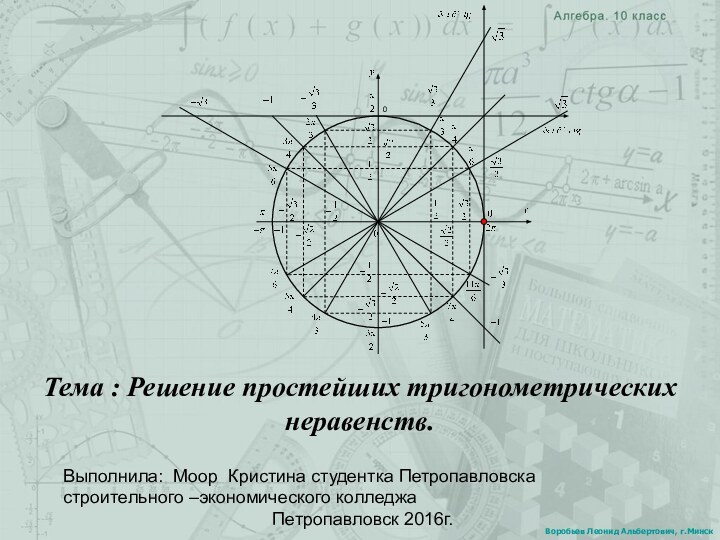 Воробьев Леонид Альбертович, г.МинскТема : Решение простейших тригонометрических неравенств.Выполнила: Моор Кристина студентка