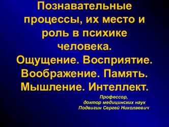 Познавательные процессы, их место и роль в психике человека.Ощущение. Восприятие.Воображение. Память. Мышление. Интеллект.