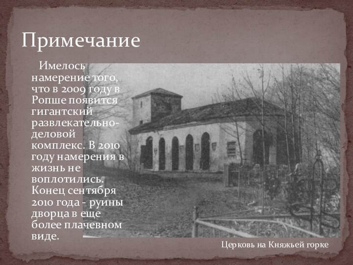 Имелось намерение того, что в 2009 году в Ропше появится гигантский развлекательно-деловой