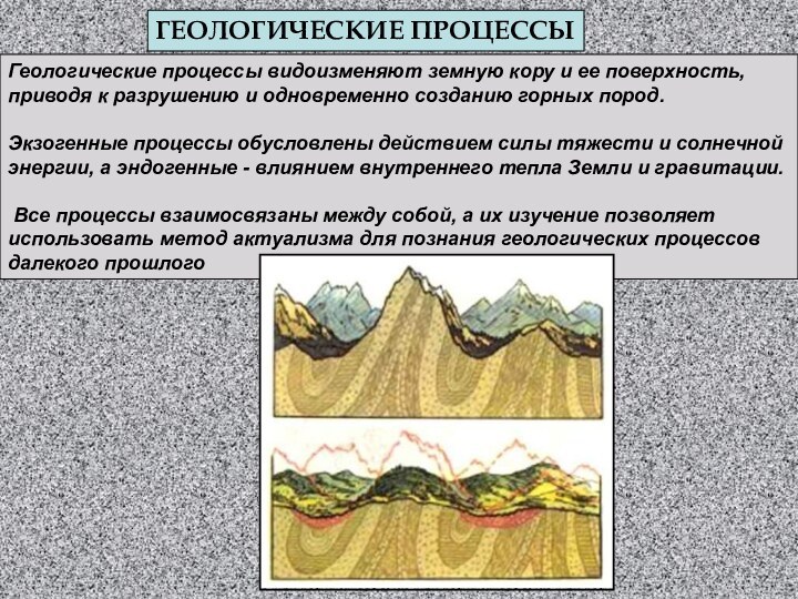 ГЕОЛОГИЧЕСКИЕ ПРОЦЕССЫГеологические процессы видоизменяют земную кору и ее поверхность, приводя к разрушению