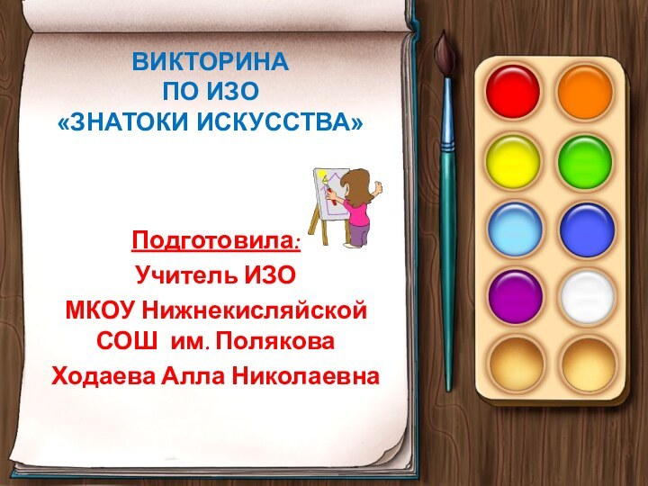 Подготовила: Учитель ИЗО МКОУ Нижнекисляйской СОШ им. ПоляковаХодаева Алла НиколаевнаВикторина по изо «Знатоки искусства»