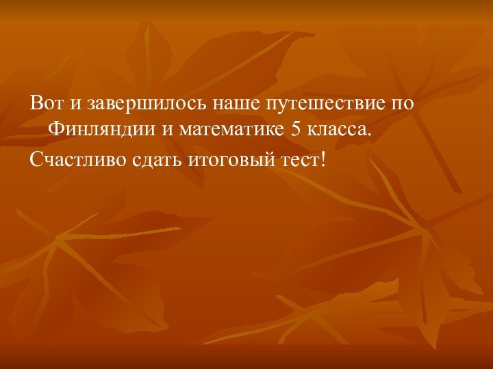 Вот и завершилось наше путешествие по Финляндии и математике 5 класса. Счастливо сдать итоговый тест!