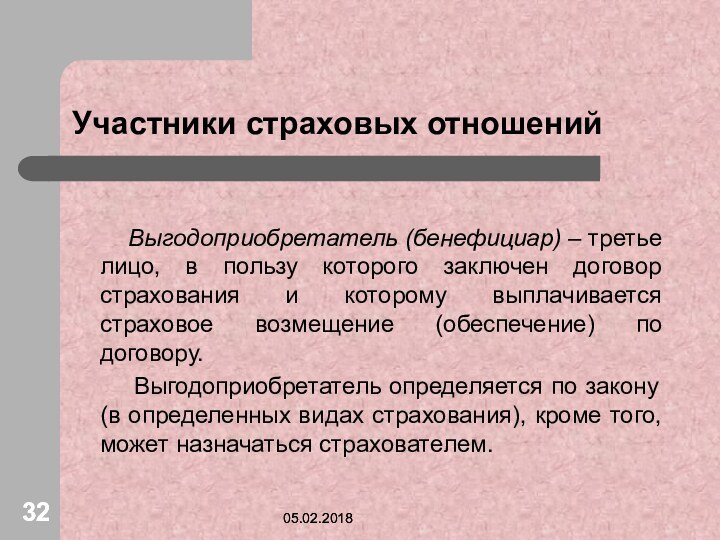 Участники страховых отношений     Выгодоприобретатель (бенефициар) – третье лицо,