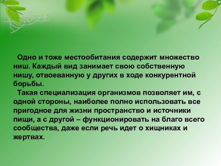 Одно и тоже местообитания содержит множество ниш. Каждый вид занимает свою