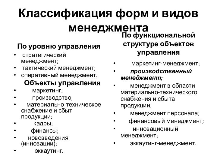 Классификация форм и видов менеджментаПо уровню управления стратегический менеджмент; тактический менеджмент;оперативный менеджмент.