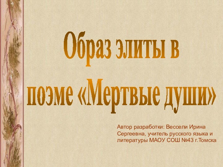 Образ элиты в поэме «Мертвые души»Автор разработки: Вессели Ирина Сергеевна, учитель русского