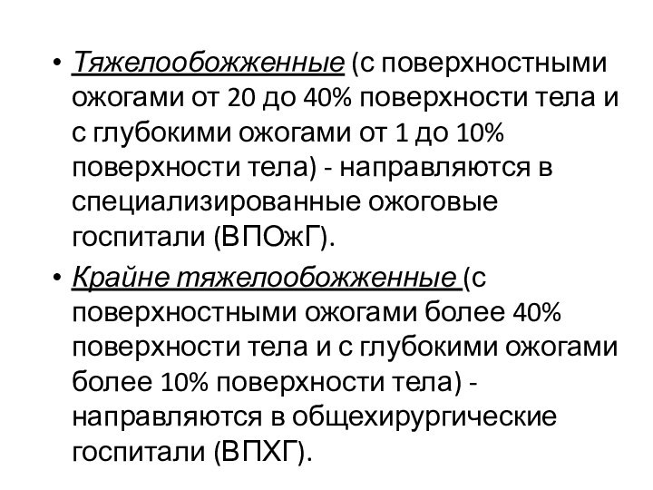 Тяжелообожженные (с поверхностными ожогами от 20 до 40% поверхности тела и с