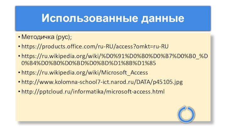 Использованные данныеМетодичка (рус);https://products.office.com/ru-RU/access?omkt=ru-RUhttps://ru.wikipedia.org/wiki/%D0%91%D0%B0%D0%B7%D0%B0_%D0%B4%D0%B0%D0%BD%D0%BD%D1%8B%D1%85https://ru.wikipedia.org/wiki/Microsoft_Accesshttp://www.kolomna-school7-ict.narod.ru/DATA/p45105.jpghttp:///informatika/microsoft-access.html