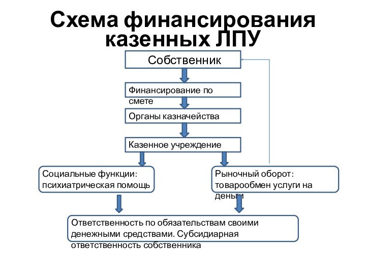 Схема финансирования казенных ЛПУСобственник Финансирование по сметеОрганы казначействаКазенное учреждениеСоциальные функции: психиатрическая помощьРыночный