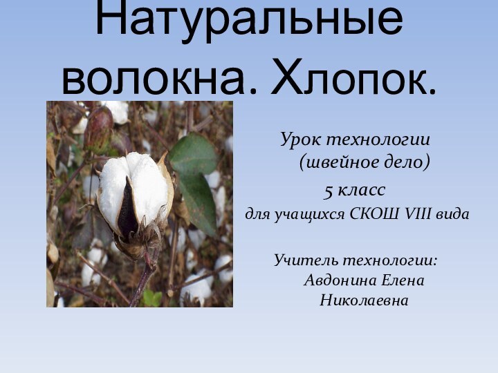 Натуральные волокна. Хлопок.Урок технологии (швейное дело) 5 классдля учащихся СКОШ VIII видаУчитель