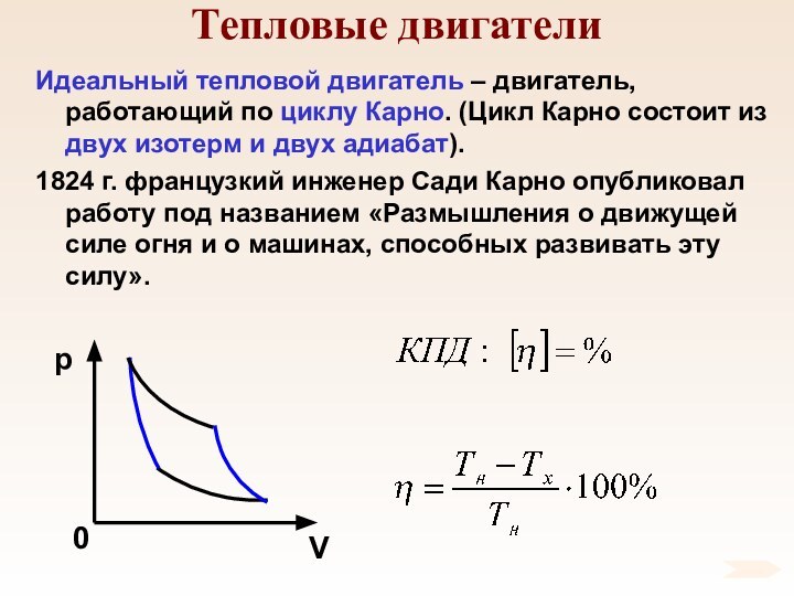 Тепловые двигателиИдеальный тепловой двигатель – двигатель, работающий по циклу Карно. (Цикл Карно