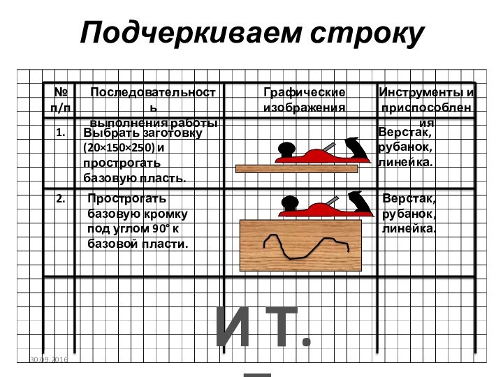 Подчеркиваем строку№п/пПоследовательность выполнения работыГрафические изображенияИнструменты и приспособления1.Выбрать заготовку (20×150×250) и прострогать базовую