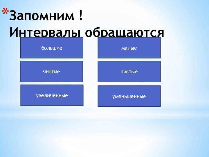 Запомним ! Интервалы обращаютсябольшиемалыечистыечистыеувеличенныеуменьшенные