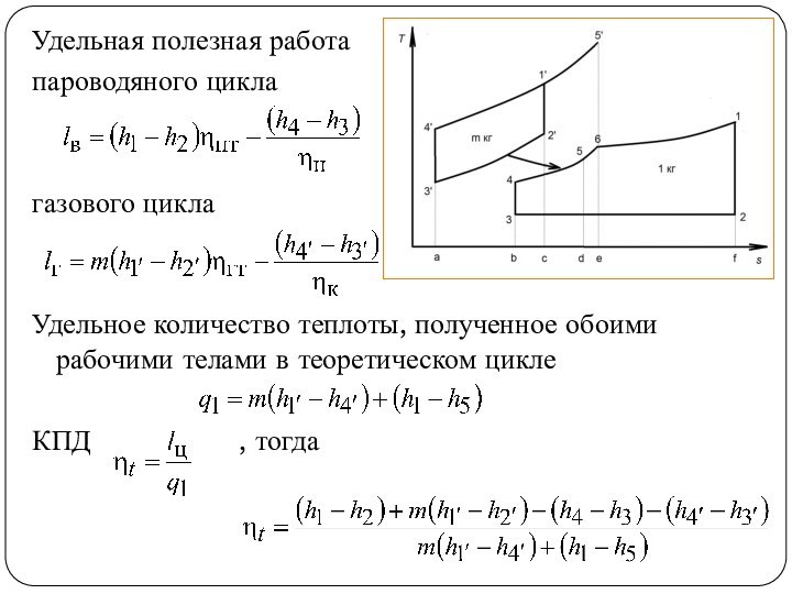 Удельная полезная работа пароводяного циклагазового циклаУдельное количество теплоты, полученное обоими рабочими телами