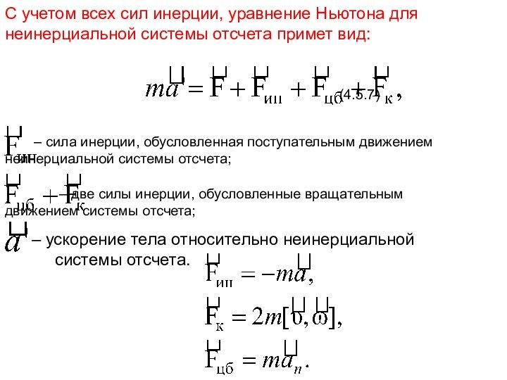 С учетом всех сил инерции, уравнение Ньютона для неинерциальной системы отсчета примет