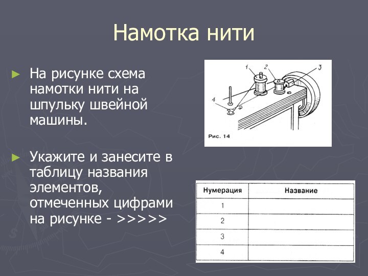 Намотка нитиНа рисунке схема намотки нити на шпульку швейной машины.Укажите и занесите