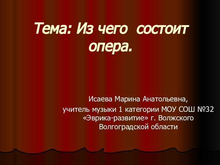 Тема: Из чего состоит опера.Исаева Марина Анатольевна, учитель музыки 1 категории МОУ