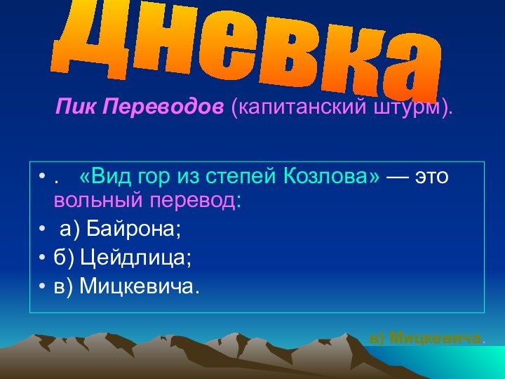 .  «Вид гор из степей Козлова» — это вольный перевод: а)