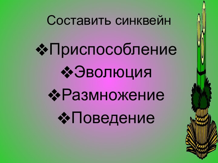 Составить синквейнПриспособлениеЭволюцияРазмножениеПоведение