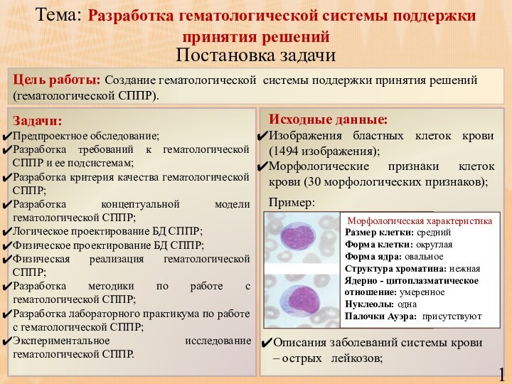 Постановка задачиЦель работы: Создание гематологической системы поддержки принятия решений (гематологической СППР).Задачи:Предпроектное обследование;Разработка