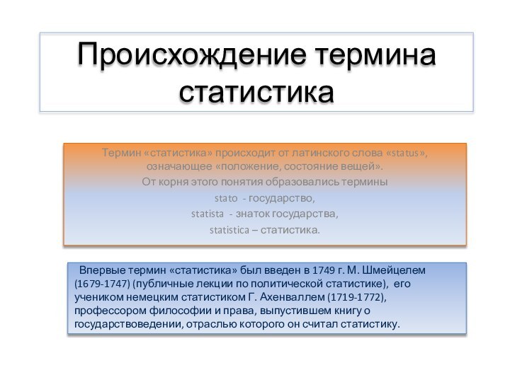 Происхождение термина статистикаТермин «статистика» происходит от латинского слова «status», означающее «положение, состояние